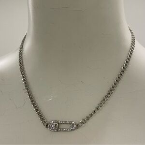 MINGA LONDON Rhinestone Sparkly Safety Pin Necklace Choker Antique Silver Tone